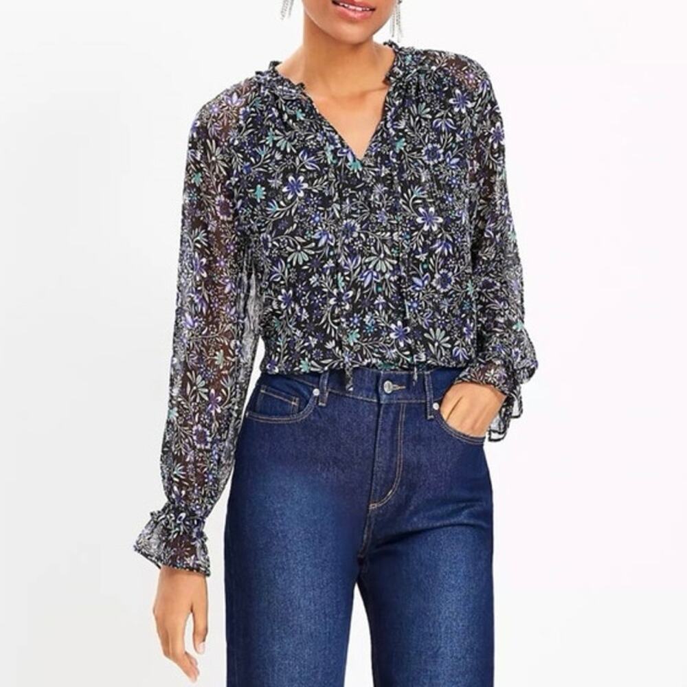 LOFT Blue and Gold Blouse Elegant Top